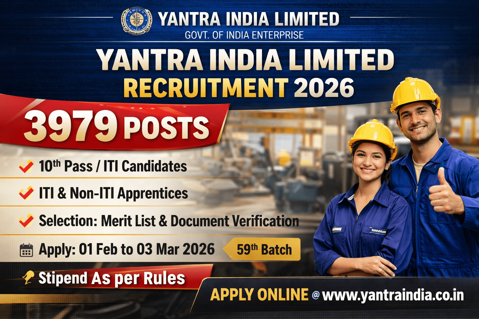 Yantra India Limited Recruitment 2026 – 3979 Posts Trade Apprentice 1 Yantra India Limited Recruitment 2026 apply online for 3979 posts