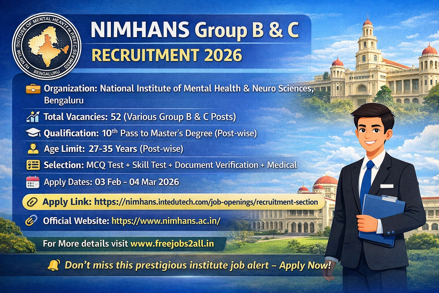 NIMHANS Recruitment 2026 – Apply Online for 52 Group B & C Jobs 1 NIMHANS Recruitment 2026 Group B & C Posts Apply Online