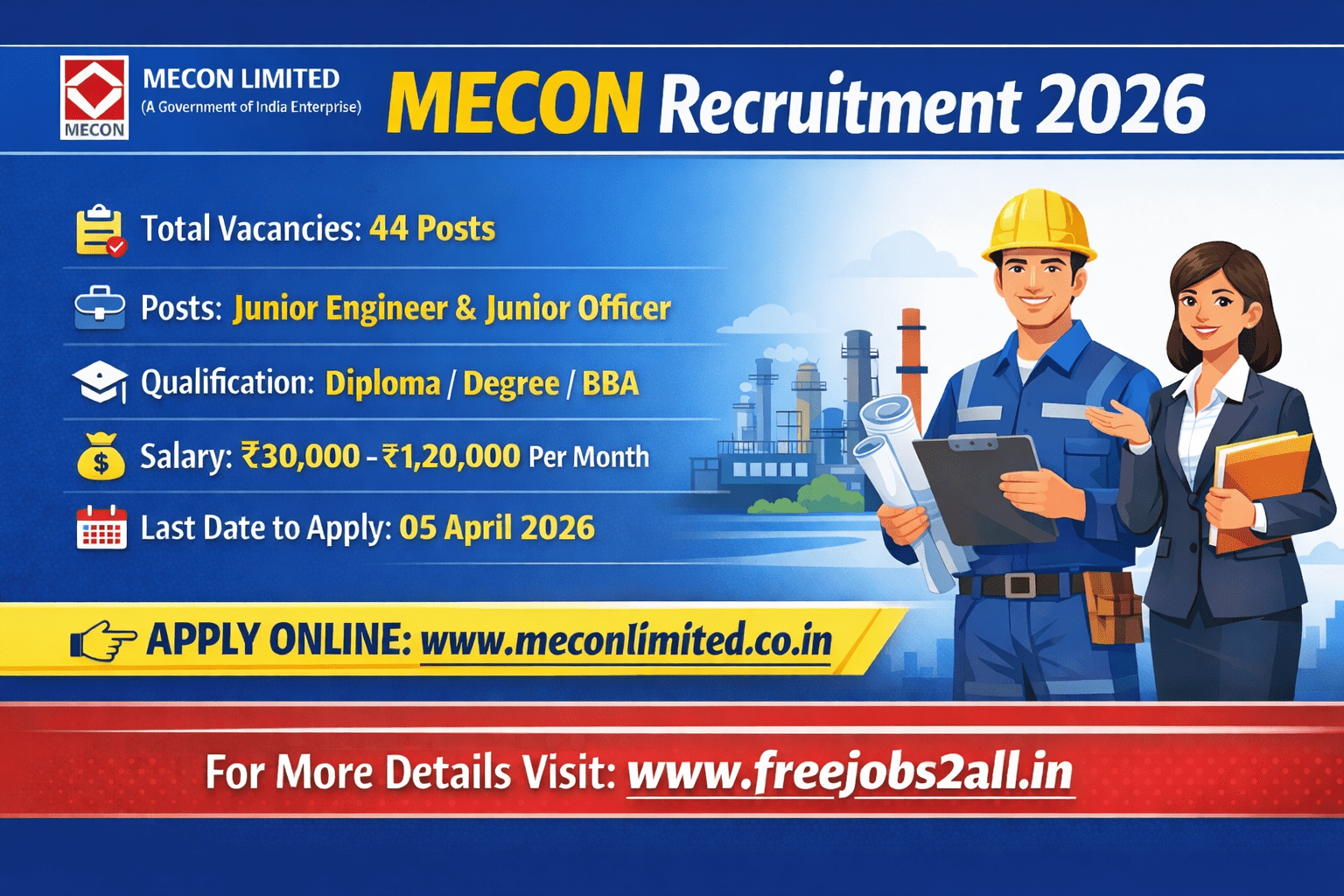 MECON Recruitment 2026 Junior Engineer and Junior Officer Vacancy