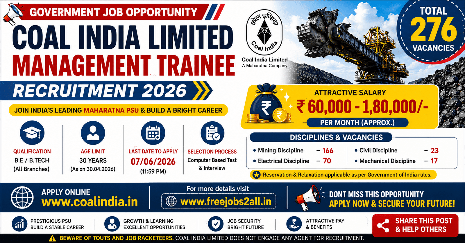 Coal India Recruitment 2026 - 276 Vacancies 1 Coal India Recruitment 2026 notification for 276 vacancies