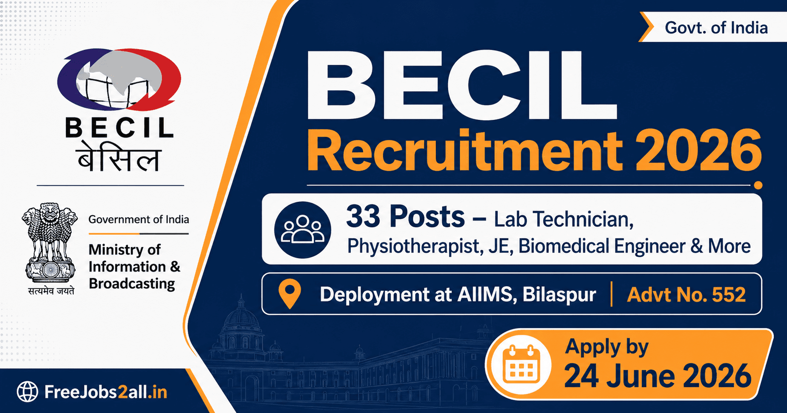 BECIL Recruitment 2026 Advt 552 AIIMS Bilaspur 33 Posts