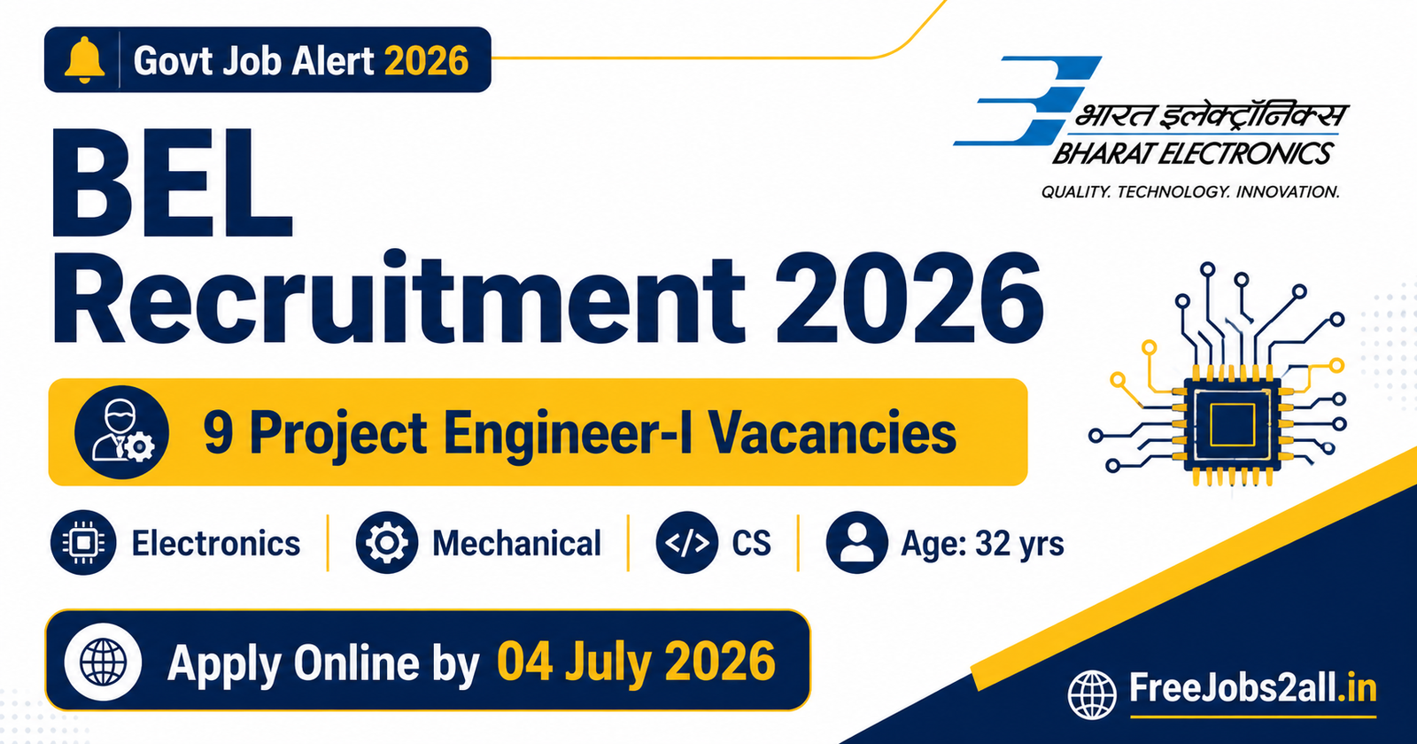 BEL Recruitment 2026 notification banner – apply online for 9 Project Engineer-I posts at Bharat Electronics Limited at FreeJobs2all.in