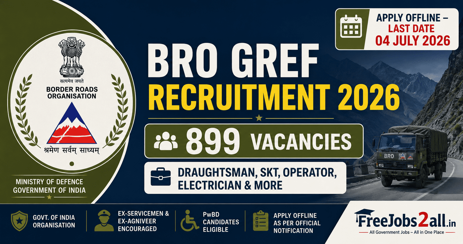 BRO GREF Recruitment 2026 – 899 Various Posts (Advt No. 01/2026) 1 BRO GREF Recruitment 2026 notification banner – apply offline for 899 Draughtsman, SKT, Operator, Electrician posts at FreeJobs2all.in