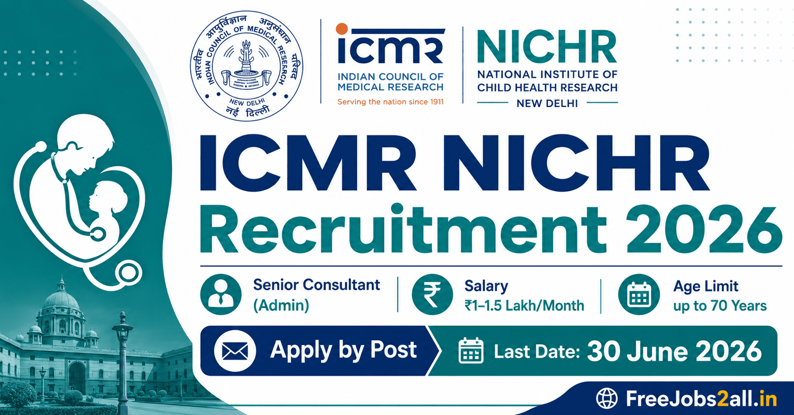 ICMR NICHR Recruitment 2026 notification banner – apply offline for Senior Consultant Administration post in New Delhi at FreeJobs2all.in