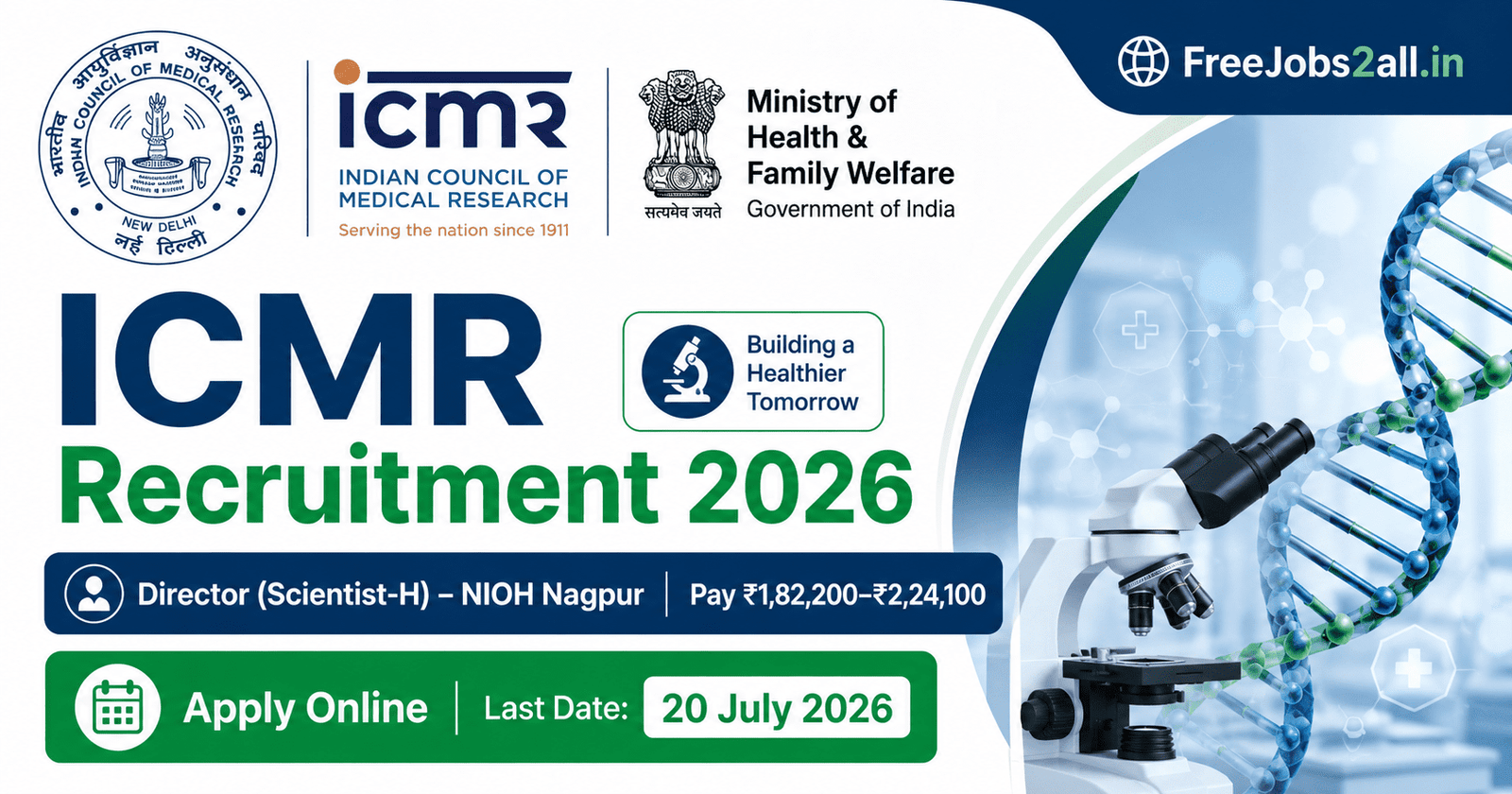 ICMR Recruitment 2026 notification banner – apply online for Director Scientist-H post at NIOH Nagpur at FreeJobs2all.in
