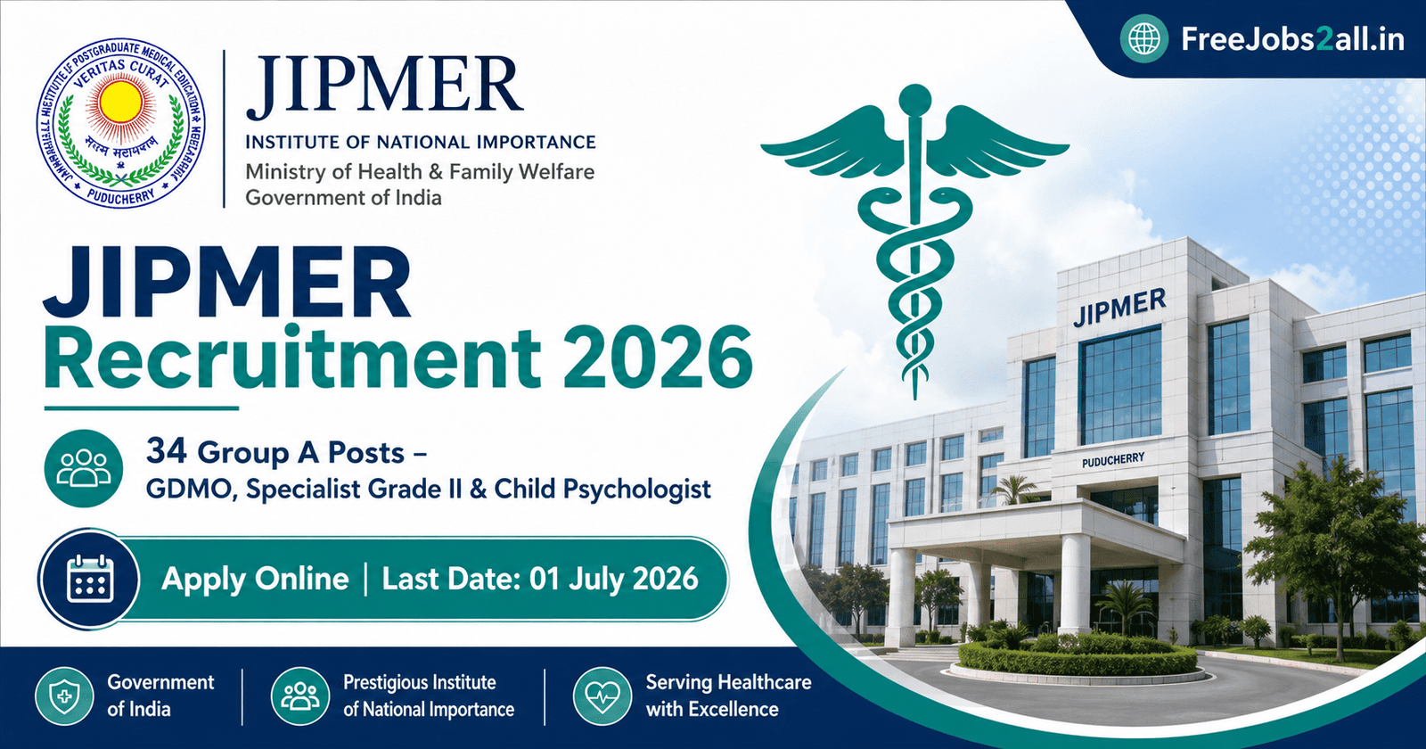 JIPMER Recruitment 2026 notification banner – apply online for 34 Group A Non-Faculty posts including GDMO and Specialist Grade II at FreeJobs2all.in