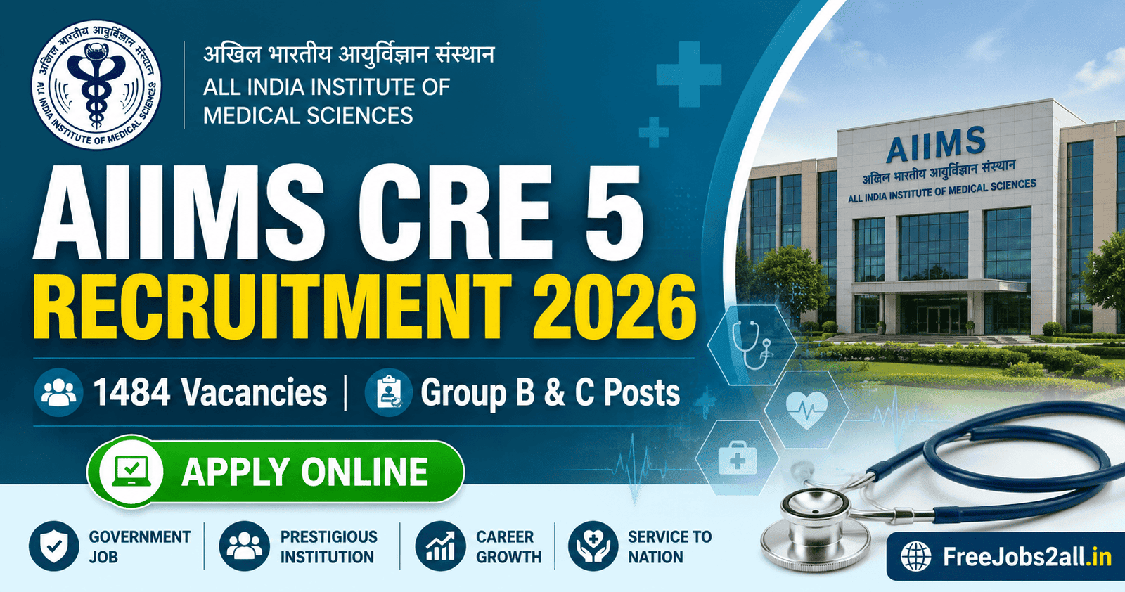 AIIMS CRE 5 Recruitment 2026 notification banner - 1484 vacancies for Group B and C posts, apply online at FreeJobs2all.in