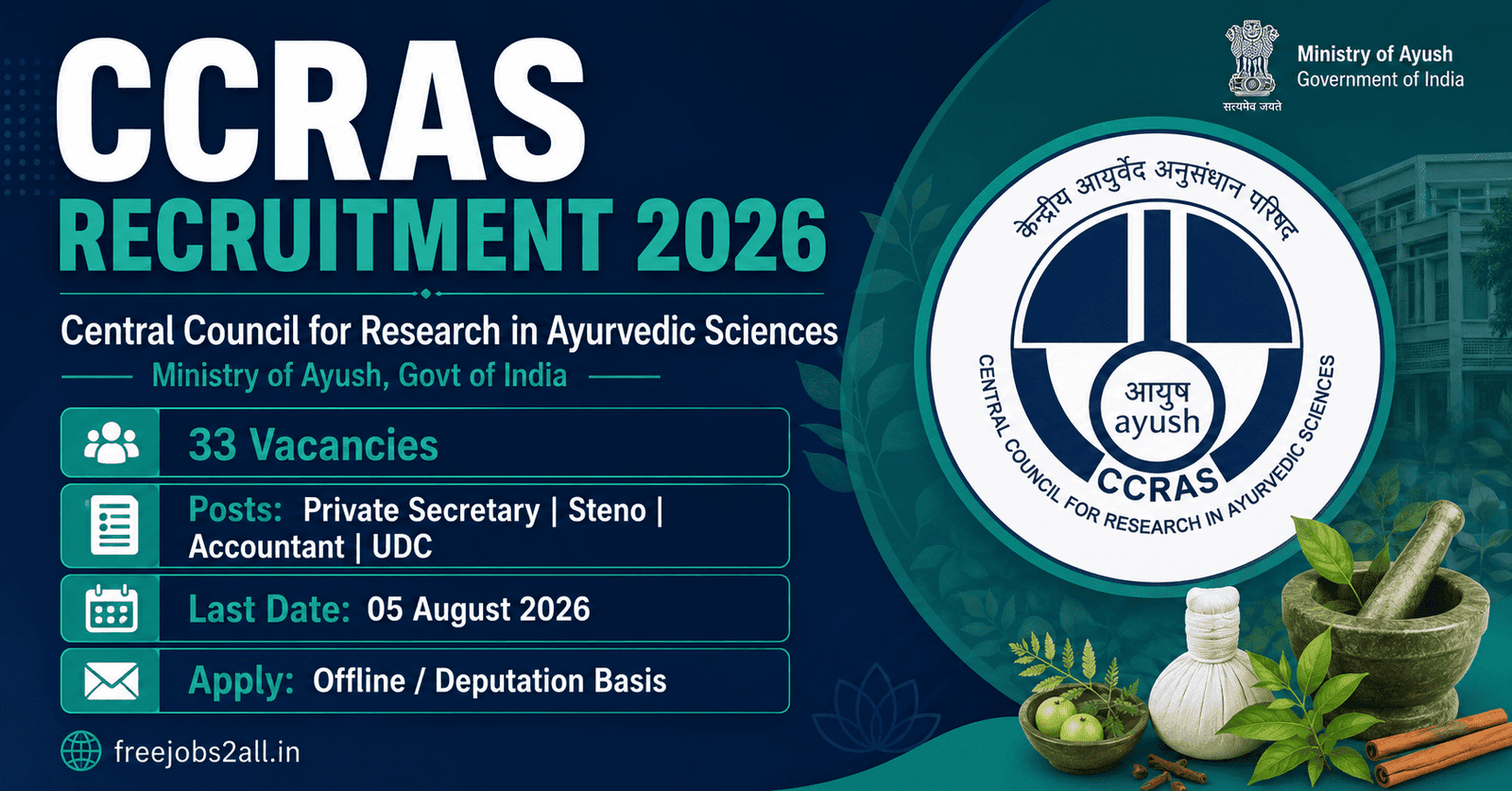 CCRAS Recruitment 2026 – 33 Vacancies for Private Secretary, Stenographer, Accountant and UDC, Last Date 05 August 2026