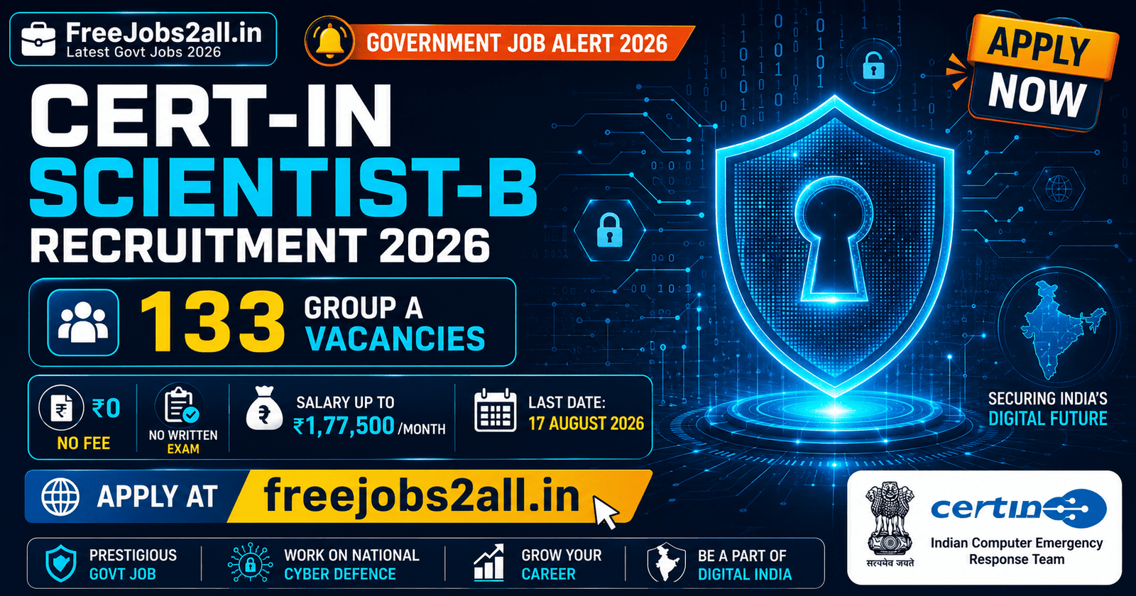 CERT-In Scientist-B Recruitment 2026 – 133 Group A Cyber Security Vacancies, No Fee, No Exam, Last Date 17 August 2026, Apply at freejobs2all.in