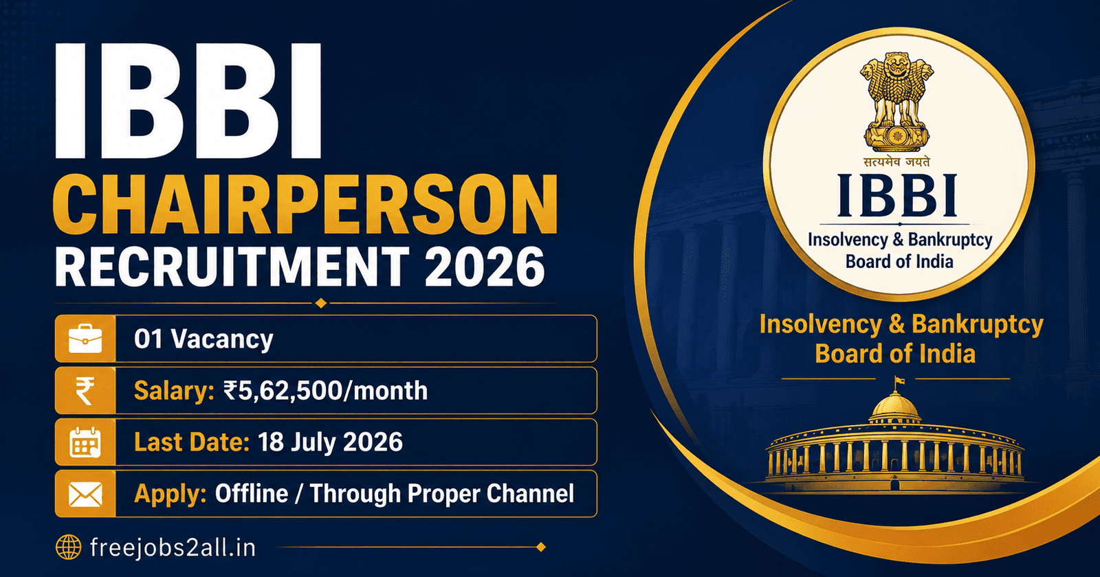 IBBI Chairperson Recruitment 2026 – 01 Vacancy, Salary Rs.5,62,500/month, Last Date 18 July 2026