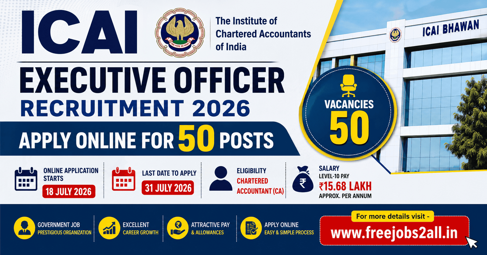ICAI EO Recruitment 2026 Notification for 50 Executive Officer Posts