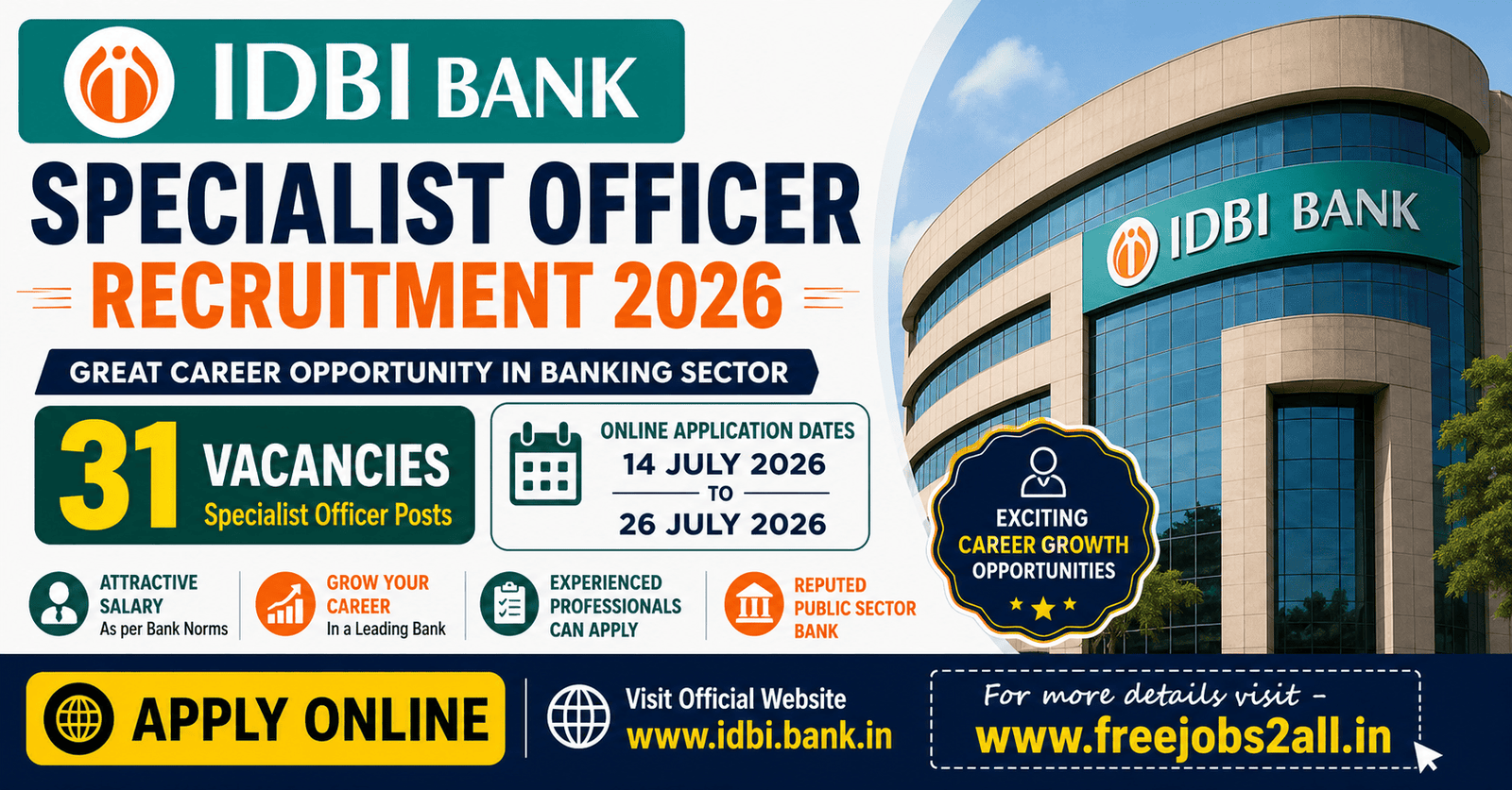 IDBI Bank SO Recruitment 2026 Notification for 31 Posts
