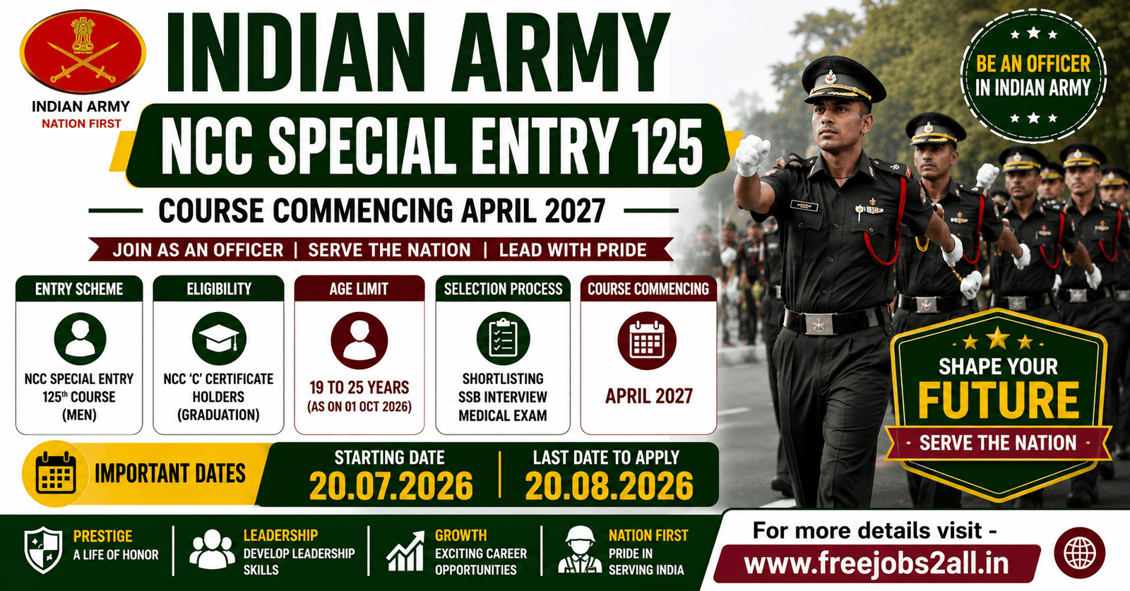 Indian Army Recruitment 2026 NCC Special Entry 125 Notification for April 2027 Course