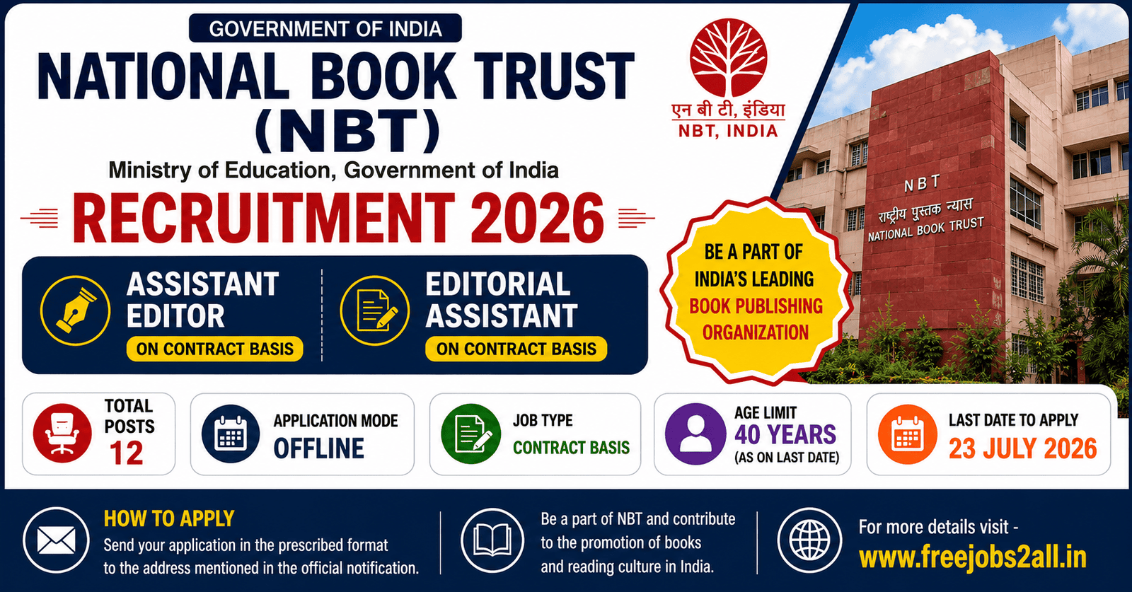 NBT Recruitment 2026 Notification for Assistant Editor and Editorial Assistant Posts