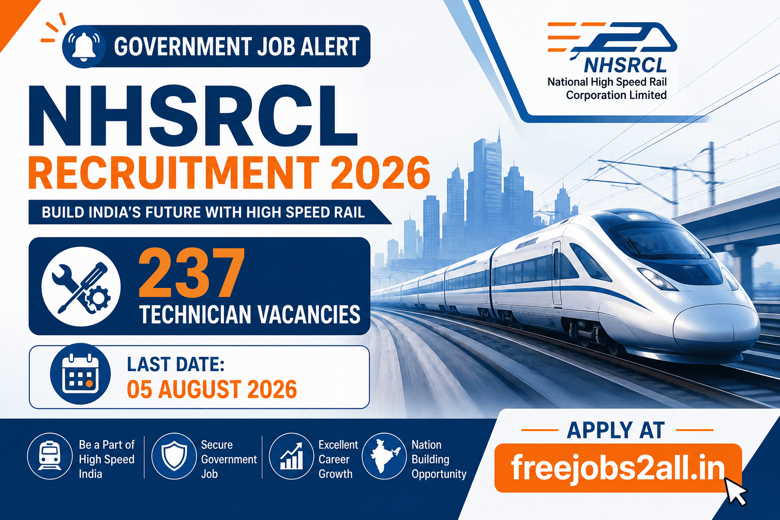 NHSRCL Recruitment 2026 – 237 Technician Vacancies for Bullet Train Project, Last Date 05 August 2026, Apply at freejobs2all.in