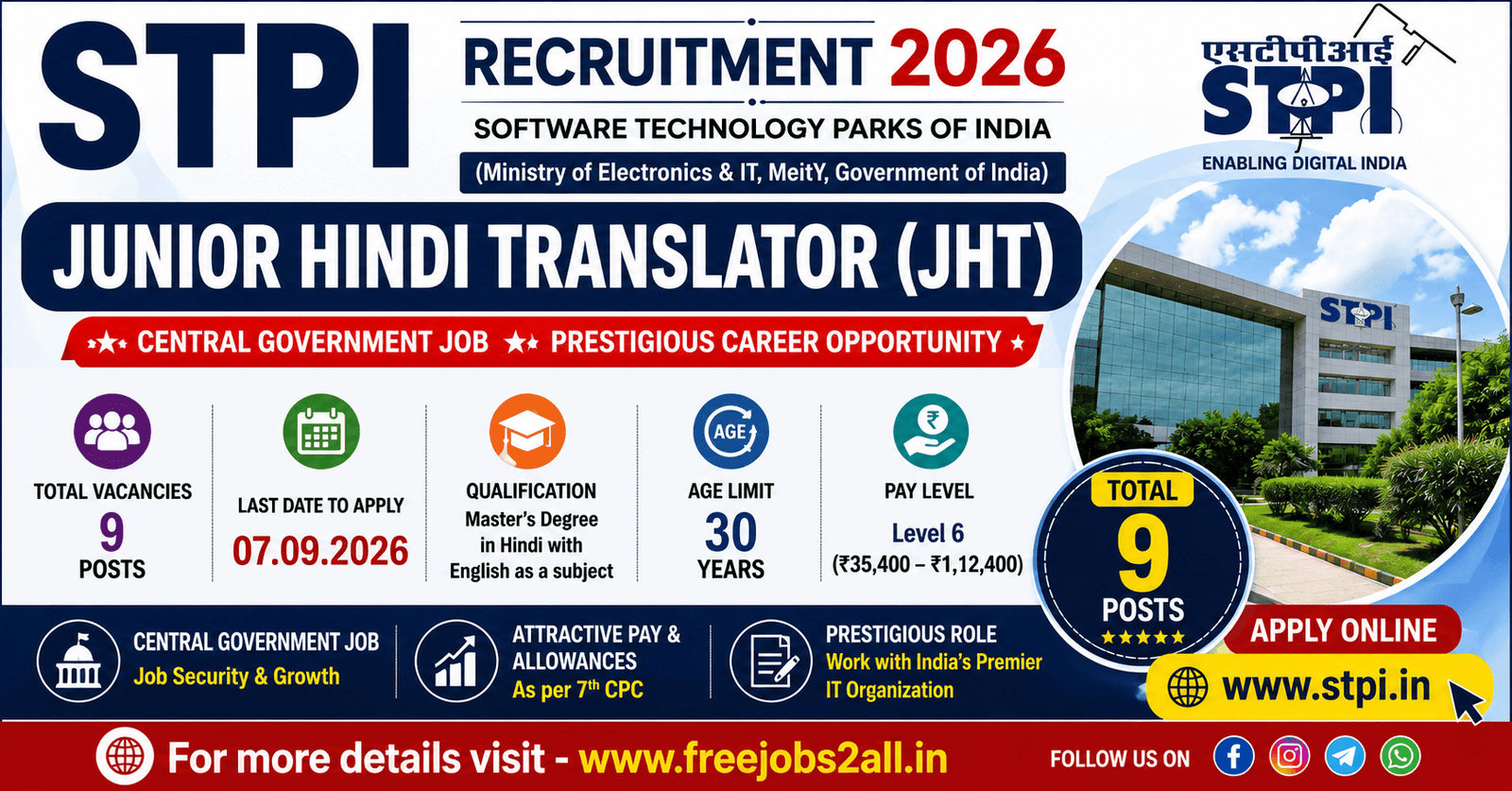 STPI Recruitment 2026 - 9 Junior Hindi Translator Vacancies 1 STPI Recruitment 2026 Notification Apply Online