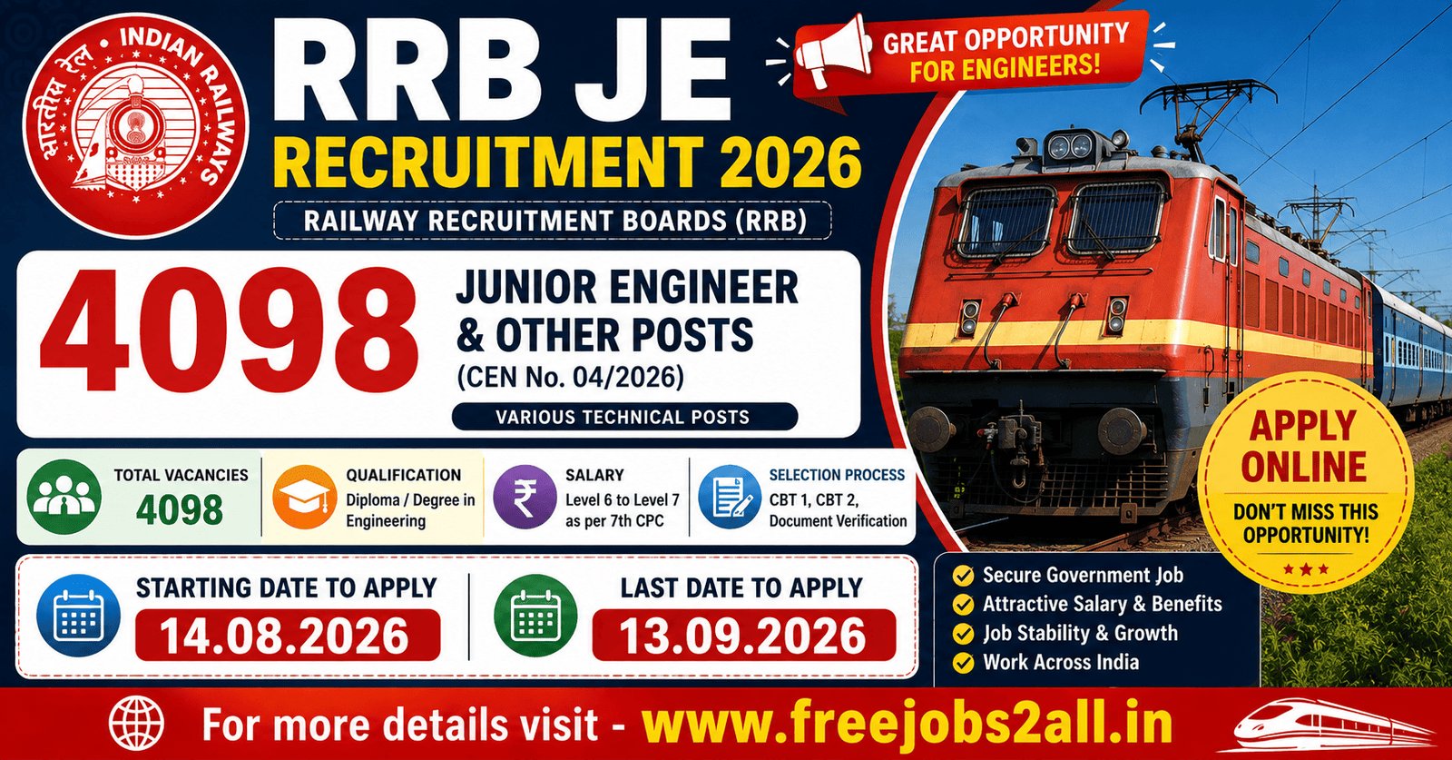 RRB JE Recruitment 2026 β 4,098 Junior Engineer, DMS & CMA Vacancies 1 RRB JE Recruitment 2026 Notification for 4098 Junior Engineer Posts