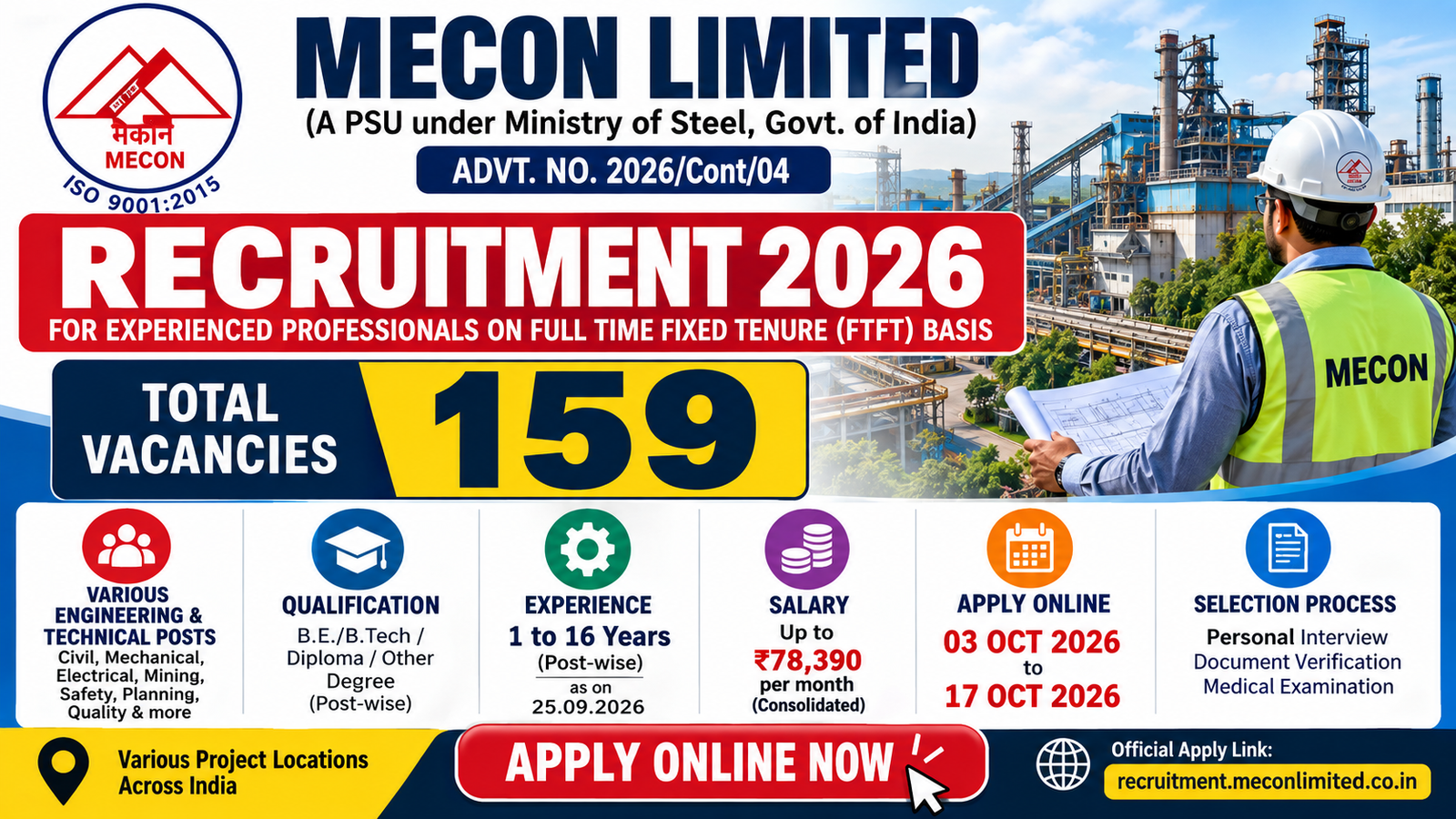 MECON Recruitment 2026 for 159 Full Time Fixed Tenure vacancies